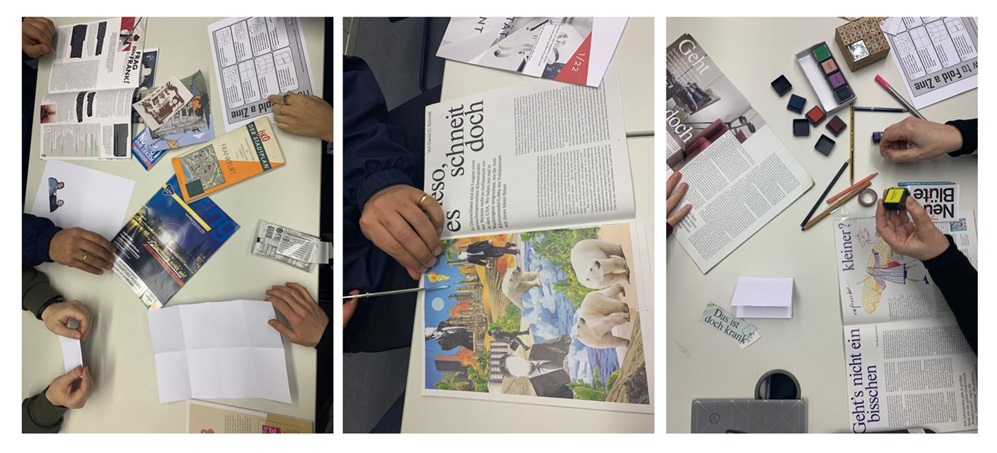 Three side-by-side photos show people sitting at a table creating their own collages or zines using magazines, paper, scissors, glue, stamps, and pens. In the first photo, several hands are folding and cutting pieces of paper. In the second photo, a colorful collage with animals and landscapes is being cut out from a magazine. In the third photo, two people are stamping with colorful ink pads and cutting out sections of text.