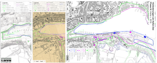 Image 2: Results of the comparative cartography of Flensburg Eastern Port with maps from three transformation-phases